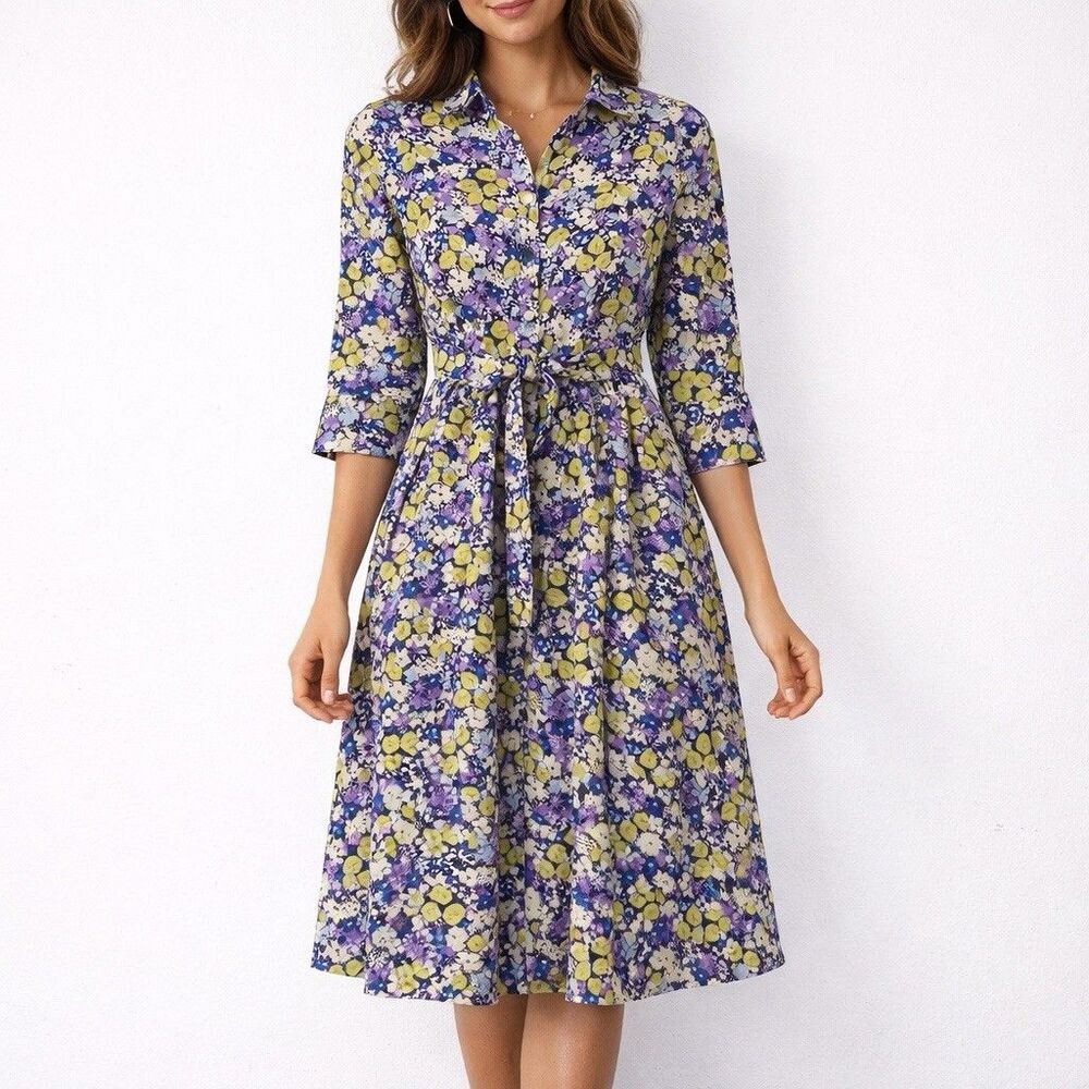 Lands‎ End Womens 2 Shirt Dress Purple Floral Button Up 3/4 Sleeve Academia